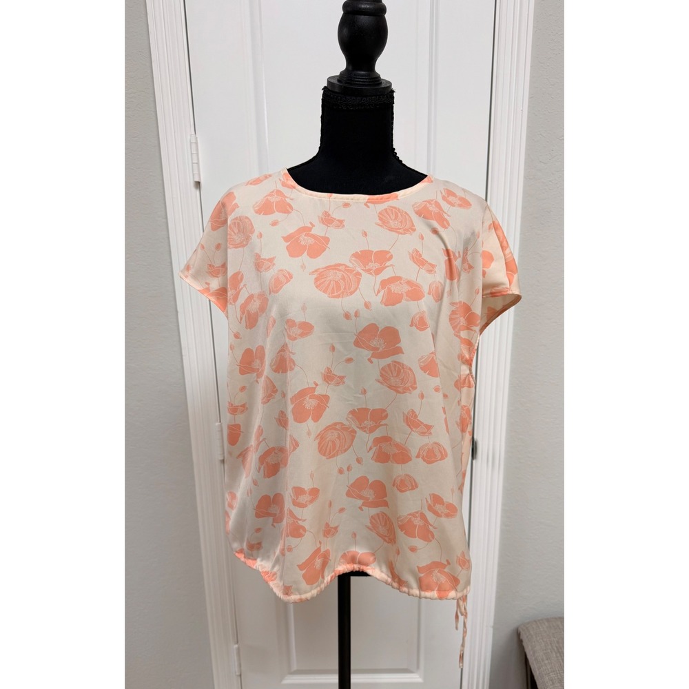 Worthington Womens XL Peach Floral Poppy Drawstring Bubble Hem Blouse Top Cream